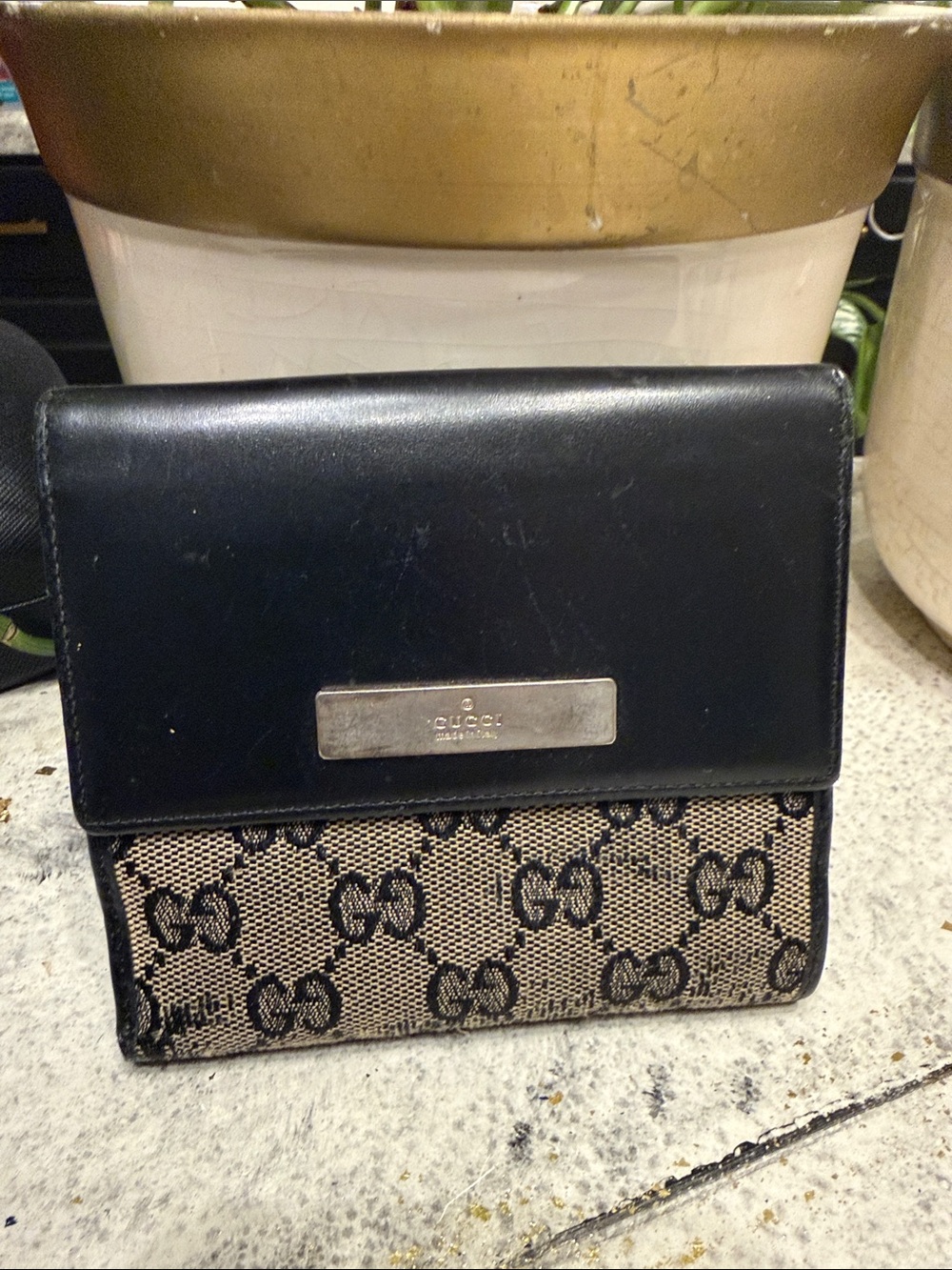 Gucci Black Leather & Beige GG Canvas Wallet with Silver Plate